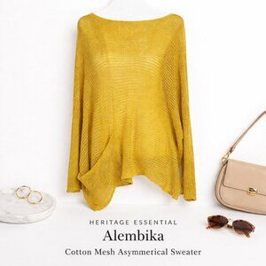 Alembika Cotton Mesh Asymmetrical Boatneck Boxy Sweater Yellow Gold Lagenlook XL